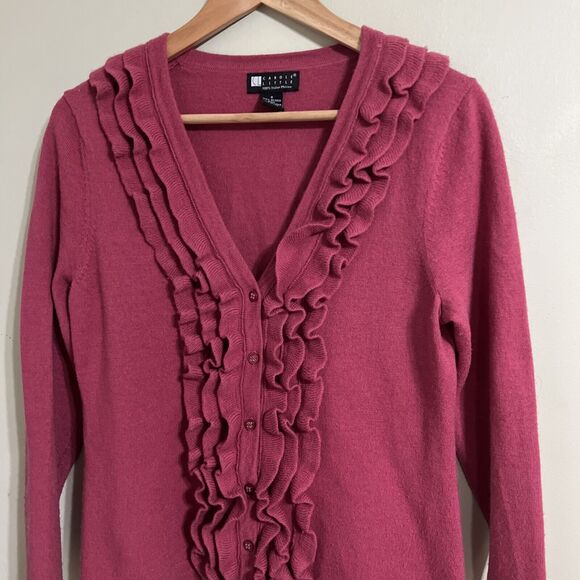 Carole Little 100% Italian merino wool ruffle Front cardigan Size Small - Picture 3 of 7